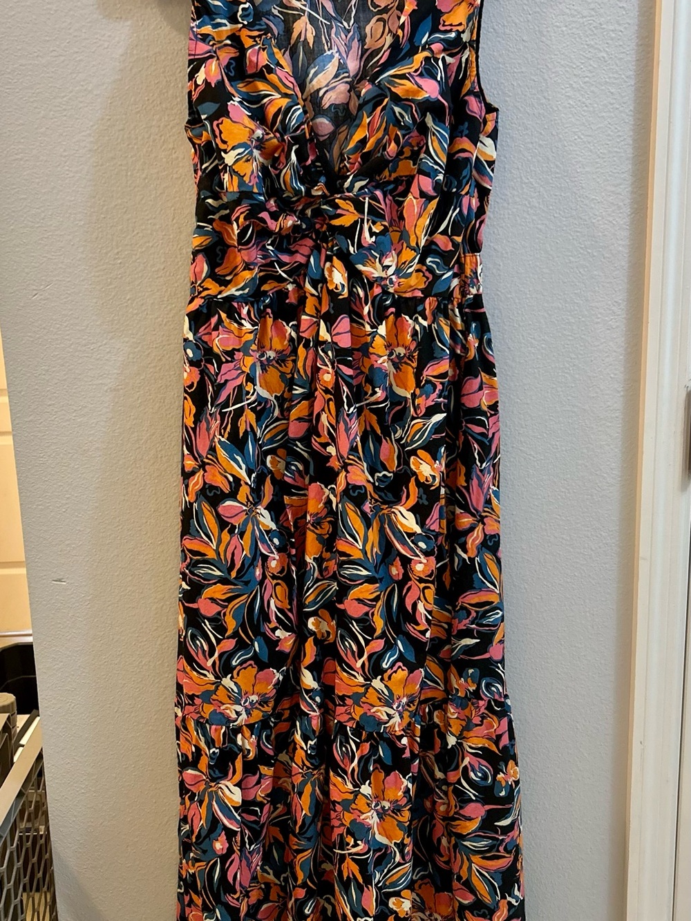 French Connection Floral Maxi Dress in Black with Pink & Orange Blooms POCKETS